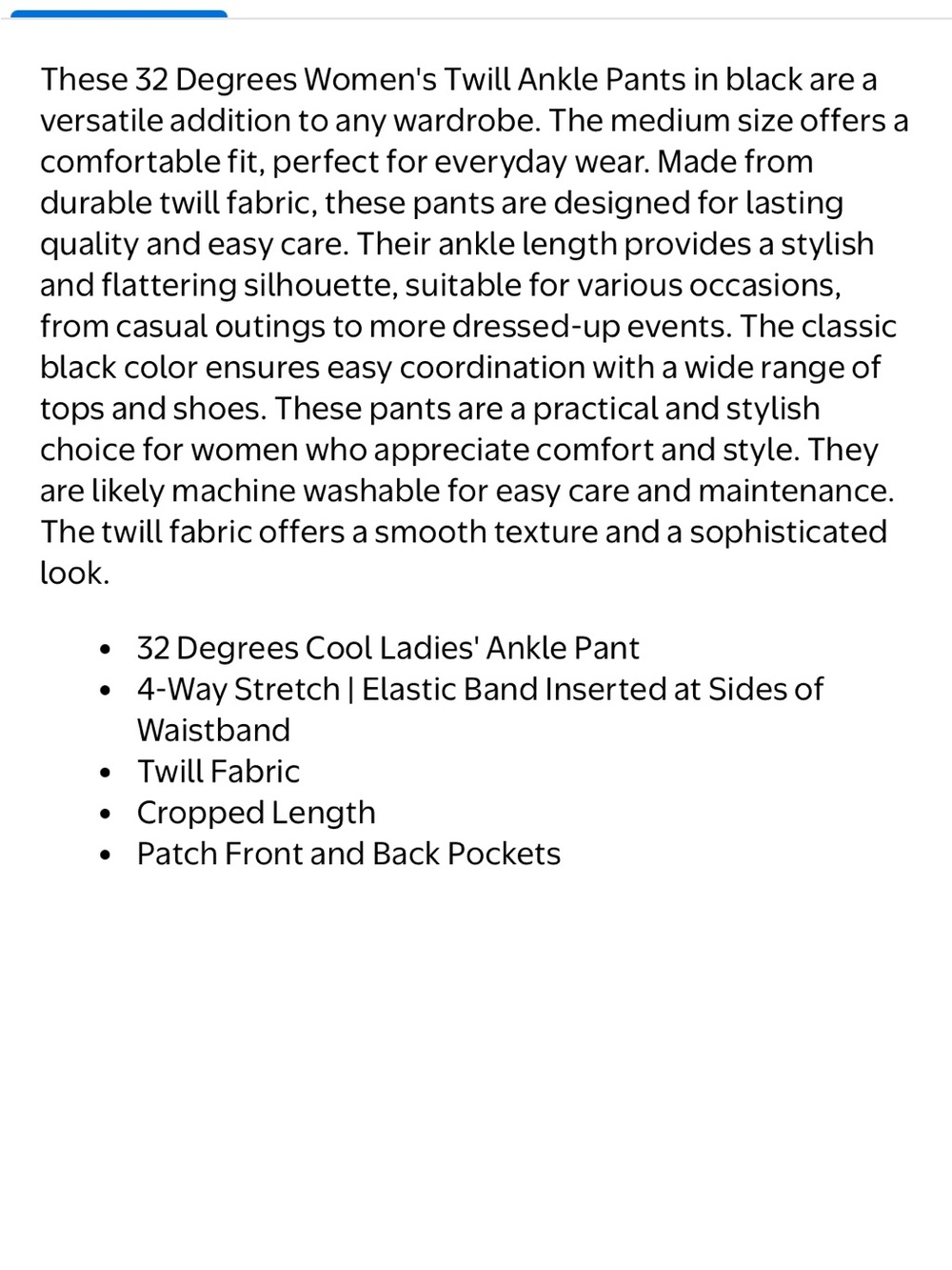 32 Degrees Black Stretch Twill Ankle Length Cropped Pant - Picture 2 of 6